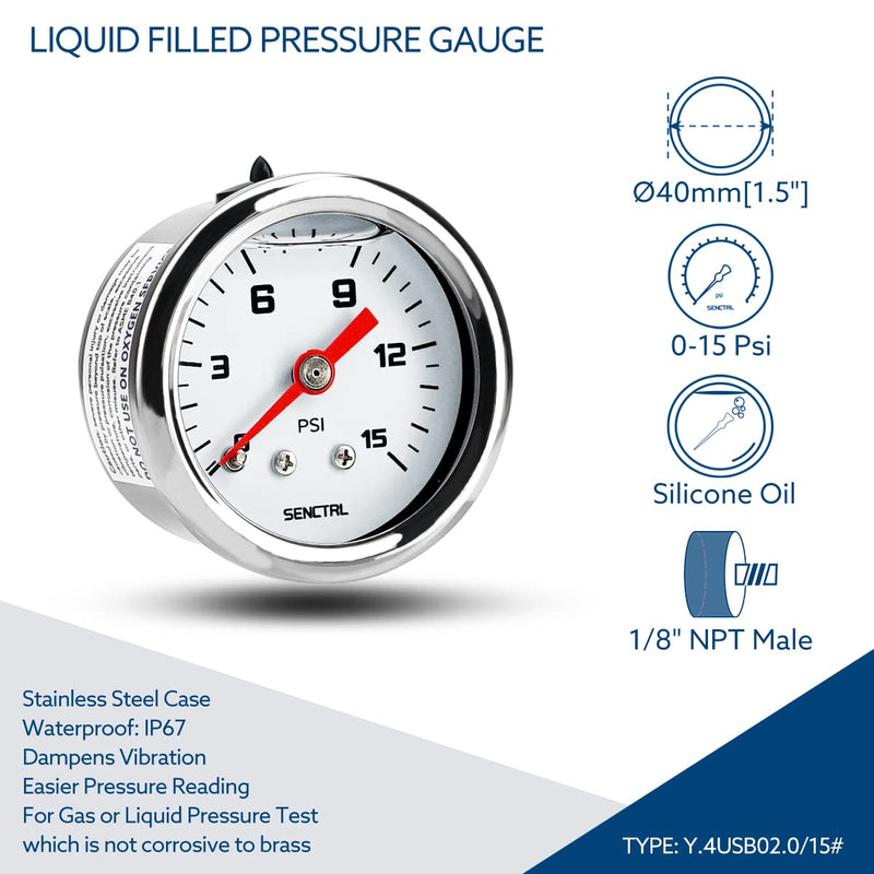 [Australia - AusPower] - 0-15 Psi Fuel Pressure Gauge, 1-1/2" Dial Size, 1/8" NPT Back Mount, Silicone Oil Liquid Filled, Stainless Steel Case, Inline Low Pressure Gauge, for Water Oil Air Pressure Test 0-15 Psi 