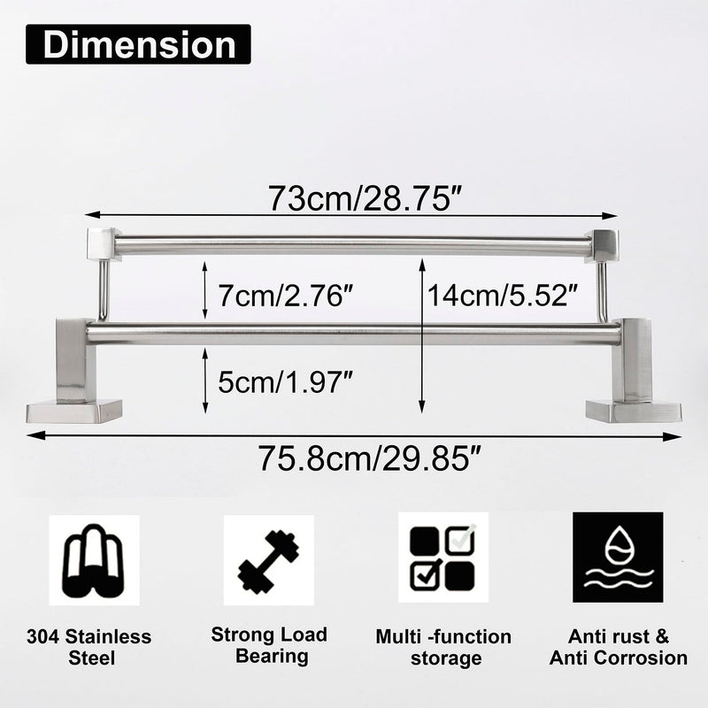 TocTen Double Bath Towel Bar - Thicken SUS304 Stainless Steel Towel Rack for Bathroom, Bathroom Accessories Double Towel Rod Heavy Duty Wall Mounted Square Towel Holder(Brushed Nickel, 30 INCH) Brushed Nickel Square 30 Inch