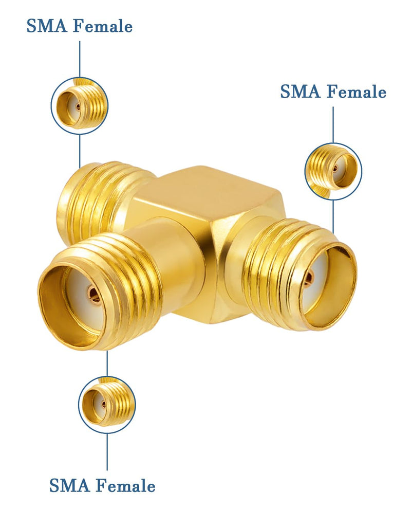 Vecys Pack of 2 SMA Adapter 3 Way Splitter T Shape SMA Female to Dual Female Splitter Antenna Adapter Converter 50 Ohm SMA Female to Dual SMA Female