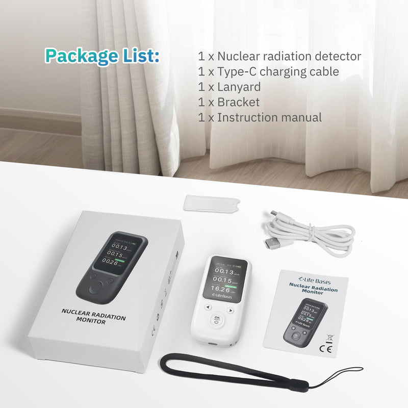 LifeBasis Geiger Counter Nuclear Radiation Detector, Radiation Dosimeter with TFT Display and Smart Alert Rechargeable Beta Gamma X-ray Radiation Monitor (with Lanyard and Bracket) - White