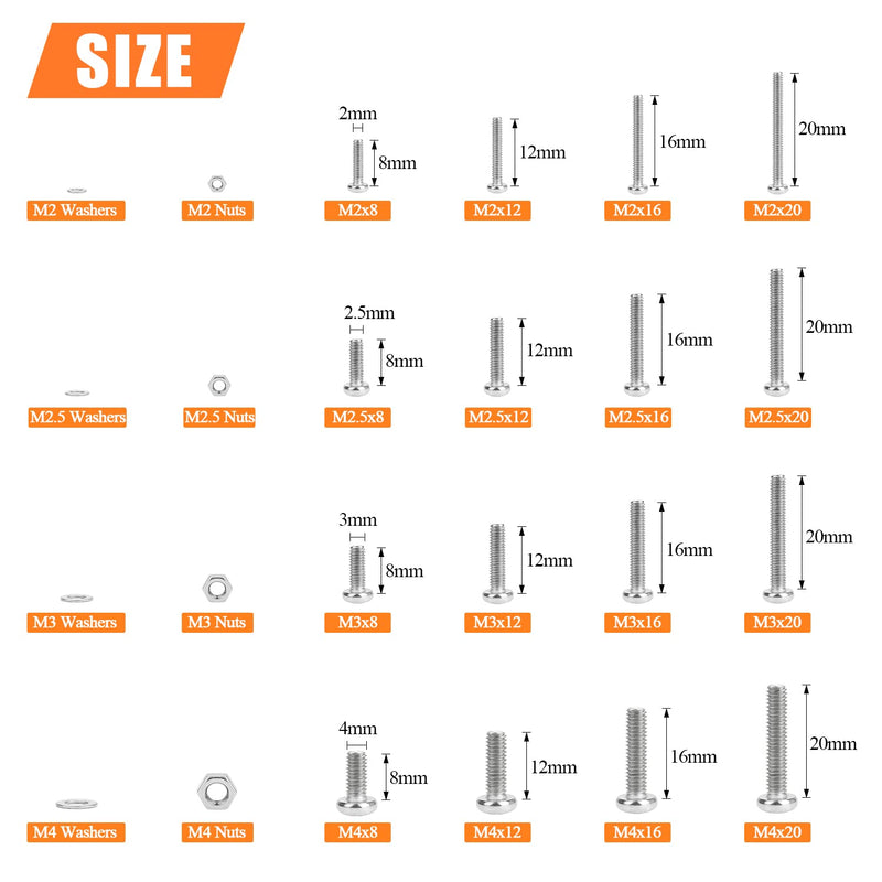 [Australia - AusPower] - 1280 Pieces M2 M2.5 M3 M4 304 Stainless Steel Phillips Pan Head Machine Screws, Metric Screws Bolts Washers Nuts Kit, 304 Stainless Steel 