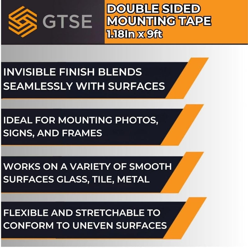 GTSE Double Sided Mounting Tape - Heavy Duty Adhesive 1.18in x 9ft Clear Nano Tape for Picture Hanging, Removable Sticky Pads, Posters, Wall Décor, Carpets, DIY Projects – Strong & Versatile Solution