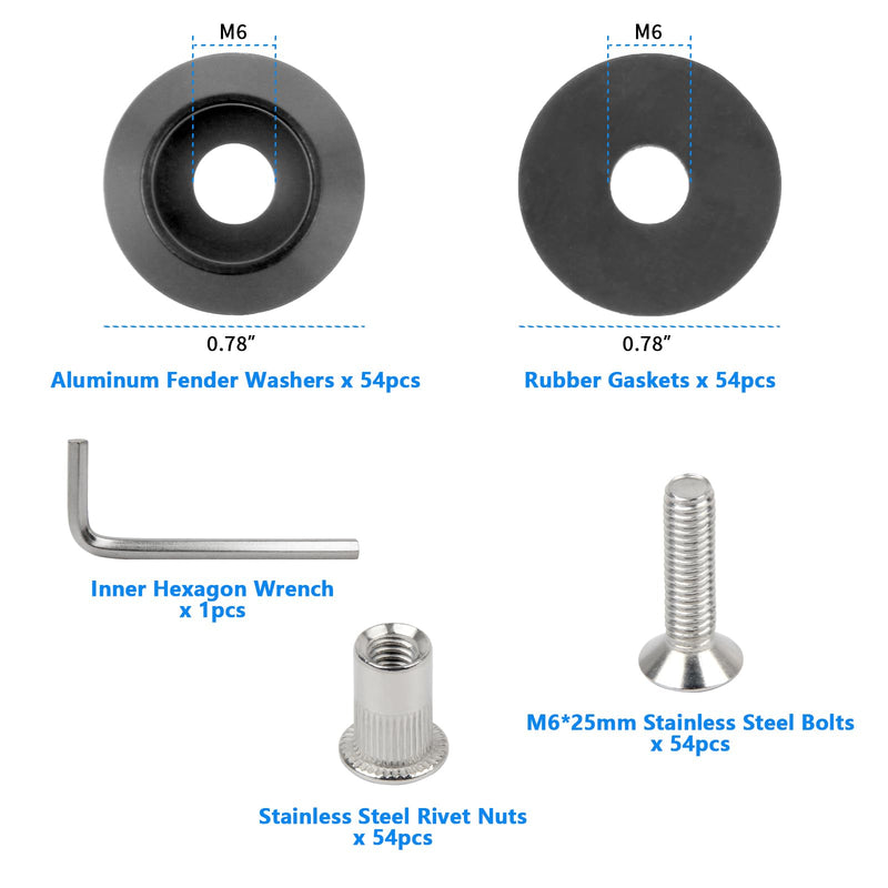 [Australia - AusPower] - Aluminum Fender Washers M6 Engine Dress Up Bolts 54 Sets Engine Bay Dress Up Fender Flares Bolts with Rubber Gaskets Stainless Steel Bolts(M6*25mm) and Rivet Nuts 