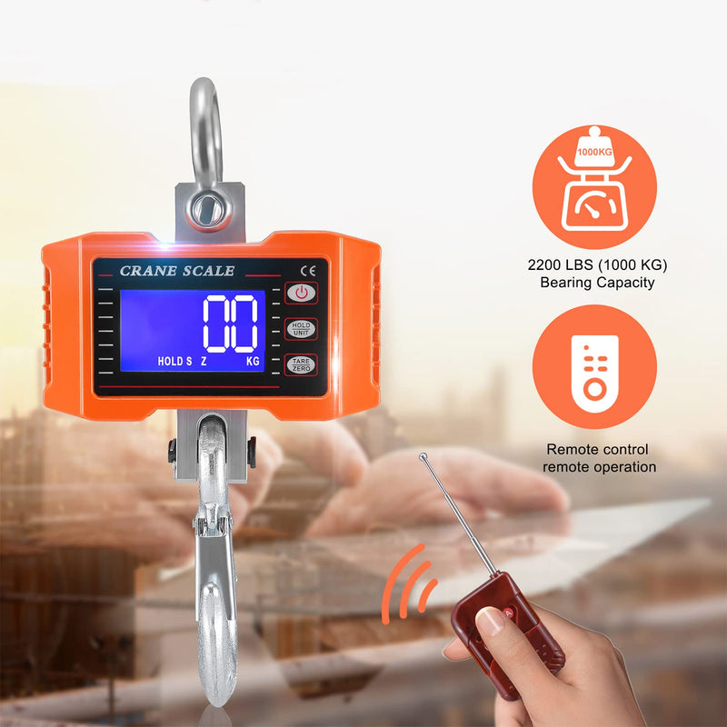 [Australia - AusPower] - Hanging Scales with Remote Control 1000 kg 2200 lbs, Digital Hanging Scales Electronic Crane Scales with Accurate Reload Spring Sensor & LCD Display, Mini Portable Scales with Hooks for Farm, Factory, 