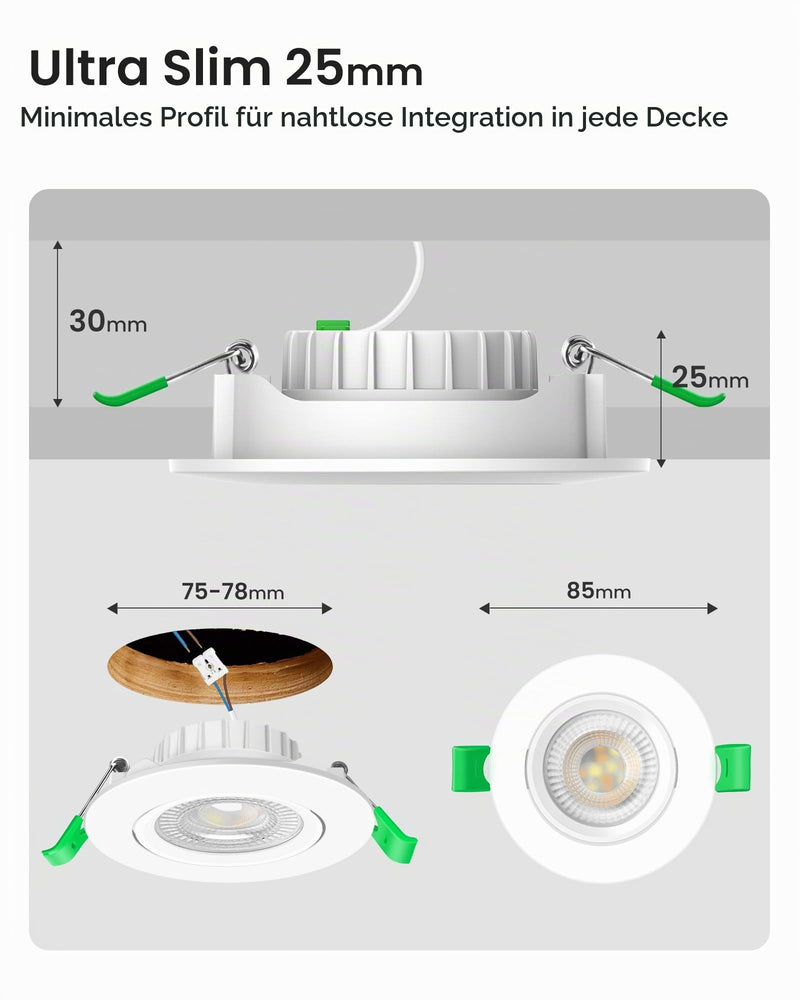 Alusso LED Recessed Spotlight 230 V Dimmable | 75-78mm 45° Tilt 6W 540lm, 3000K Warm White 4000K Neutral White 6500K Cool White for Kitchen, Height 1 inch, White, Set of 6 White, 3cct (3000/4000/6500k) Neigung Abnehmbar, Ø75-78mm Lochmass