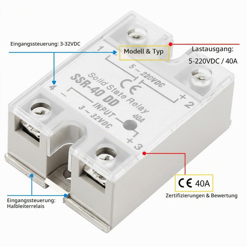 2pcs 40A SSR Solid State Relay DC Control Relay Modules, Input DC 3V-32V Output DC 5V-220V