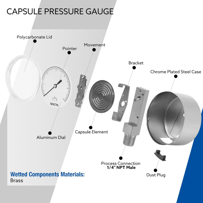 [Australia - AusPower] - 0-30 Inches of Water Column Gauge, Low Pressure Capsule Gauge, 2-1/2" Dial Size, 1/4" NPT Lower Mount, Zero Adjustment, for Air Water Gas Pressure Test 0-30inH2O 