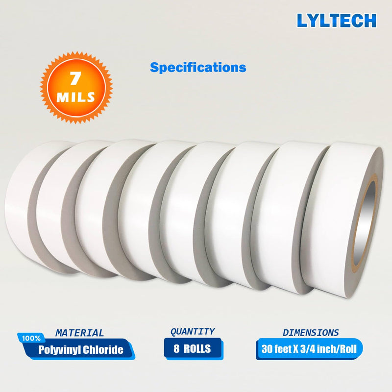 LYLTECH White Electrical Tape 8Rolls, 7mils x 3/4 in x 30 ft, Flame Retardant,Waterproof,Strong Adhesive, Durable, Easy-Wrap,High Temp Electrical Tape Electric Super Vinyl 8 White