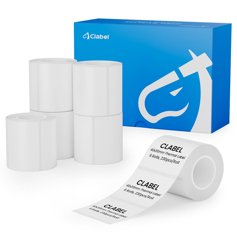 CLABEL Label Maker Tape for CLABEL 221B, Thermal Labels, Adapted Label Print Paper Waterproof Self-Adhesive Multipurpose Labeling Tape 6 Roll of 1380pcs White 40*30mm 6rolls Upgraded