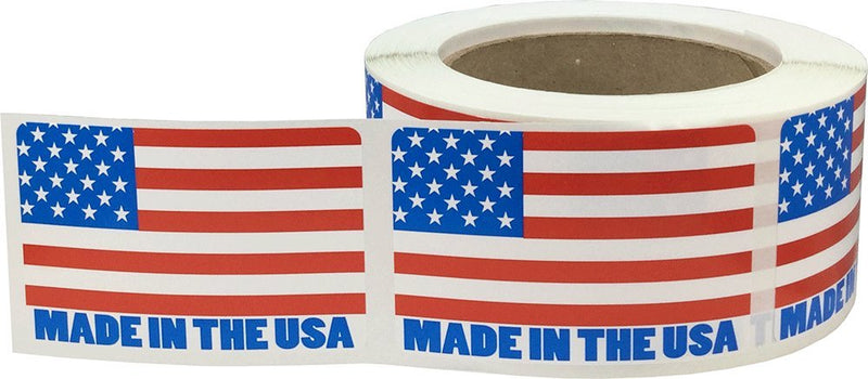 Made in The USA Flag Labels Red White Blue, 2 x 3 Inch Square Cold Temp Adhesive Stickers, 500 American Flag Product Labels Per Roll for Packaging, Retail, and Product Identification – Made in the USA