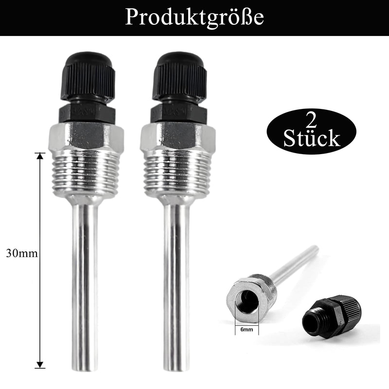30 mm immersion sleeve, 2 pieces, 8 x 30 mm immersion sleeves, immersion sleeve, G1/2 inch stainless steel, thread for temperature sensor, Thermowell Diving Tube Protective Tube for 30mm