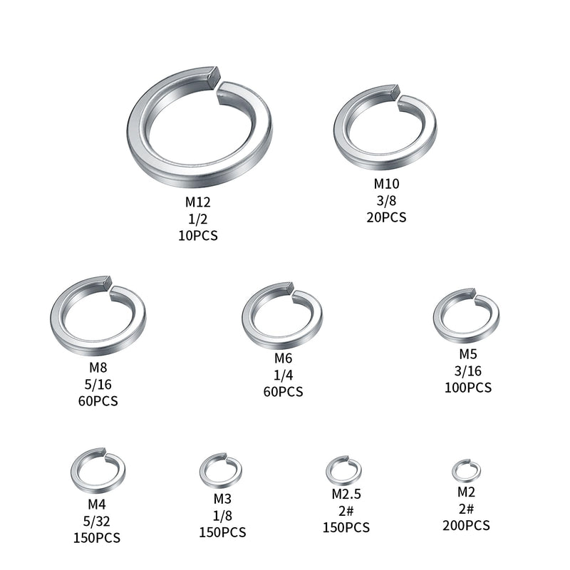 [Australia - AusPower] - 900 PCS Stainless Steel Spring Lock Washer, Split Lock Washer, Split Ring Washer Bolt Screw Spring Washer, 2#, 1/8", 5/32", 3/16", 1/4", 5/16", 3/8", 1/2" 