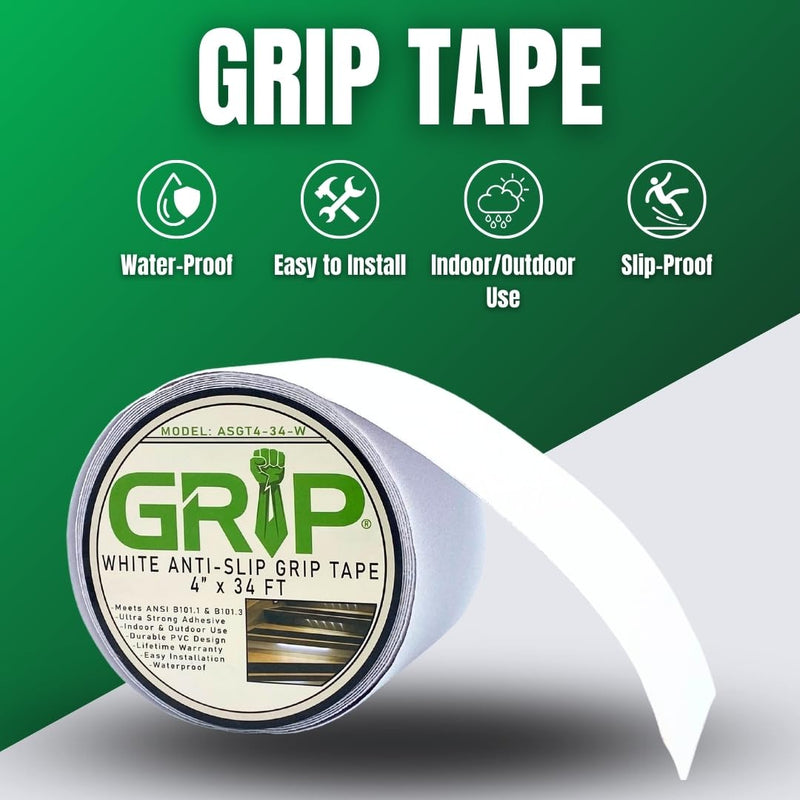 GRIP Anti Slip Tape - 80 Grit High Traction Non-Slip Tape for Stairs, Ramps, Floors, Indoor/Outdoor Use, Easy Cut & Apply, Durable for Heavy Traffic Areas (4" x 34') 4" x 34' White 1