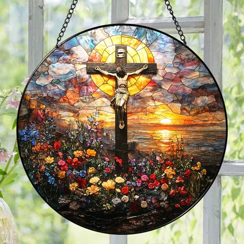 Jesus Cross Stained Glass Suncatcher - 7.9" Real Glass Crucifix Ivory