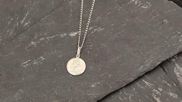Alexander Castle Small Double-Sided 925 Sterling Silver St Christopher Necklace for Women - 12mm Saint Christopher Medal with 16" Silver Chain & Jewelry Gift Box