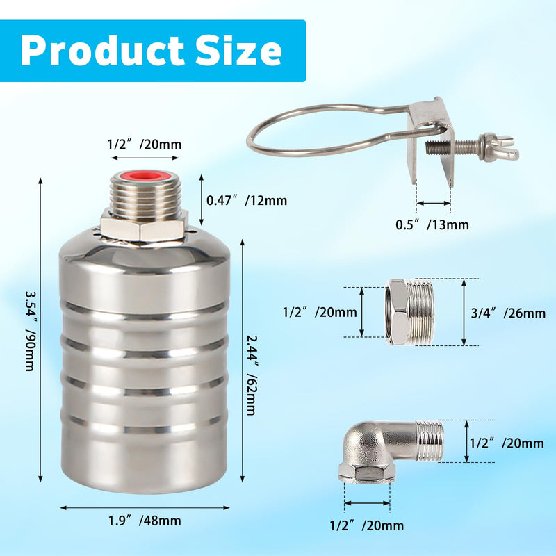 2 Pack Water Float Valve For Water Tank,1/2" to 3/4'' Fully Automatic Water Level Control Float Valve, 304 Stainless Steel Water Trough Float Valve For Water Tank Pool Livestock Troughs Distille 2 Pack