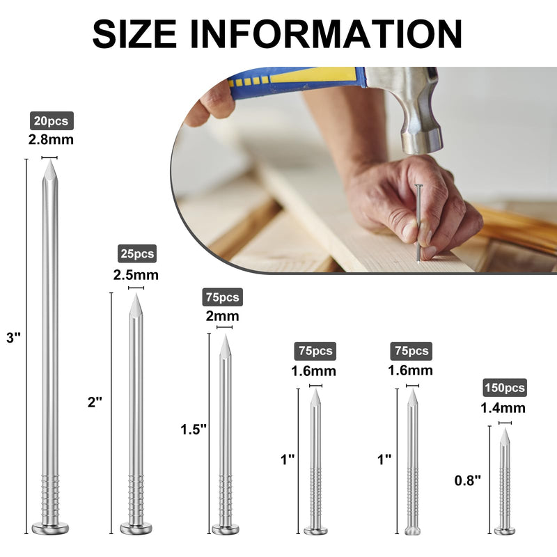 [Australia - AusPower] - 420PCS Stainless Steel Hardware Nails Assortment Kit, Up to 3 Inch Long Nails for Hangig Pictures, 6 Size Picture Hanging Nails, Small Nails, Wall Nails, Wood Nails, Finishing Nails 01-Hardware Nails Kit (420PCS) Silver 