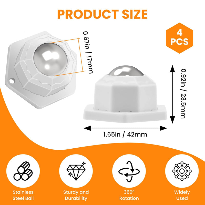 [Australia - AusPower] - 4Pcs Ball Bearing Rollers, 360º Rotation Universal Ball Casters, 200Lbs Self Adhesive Mini Caster Wheels for Trash Can, Storage Box, Small Furniture (White) White 