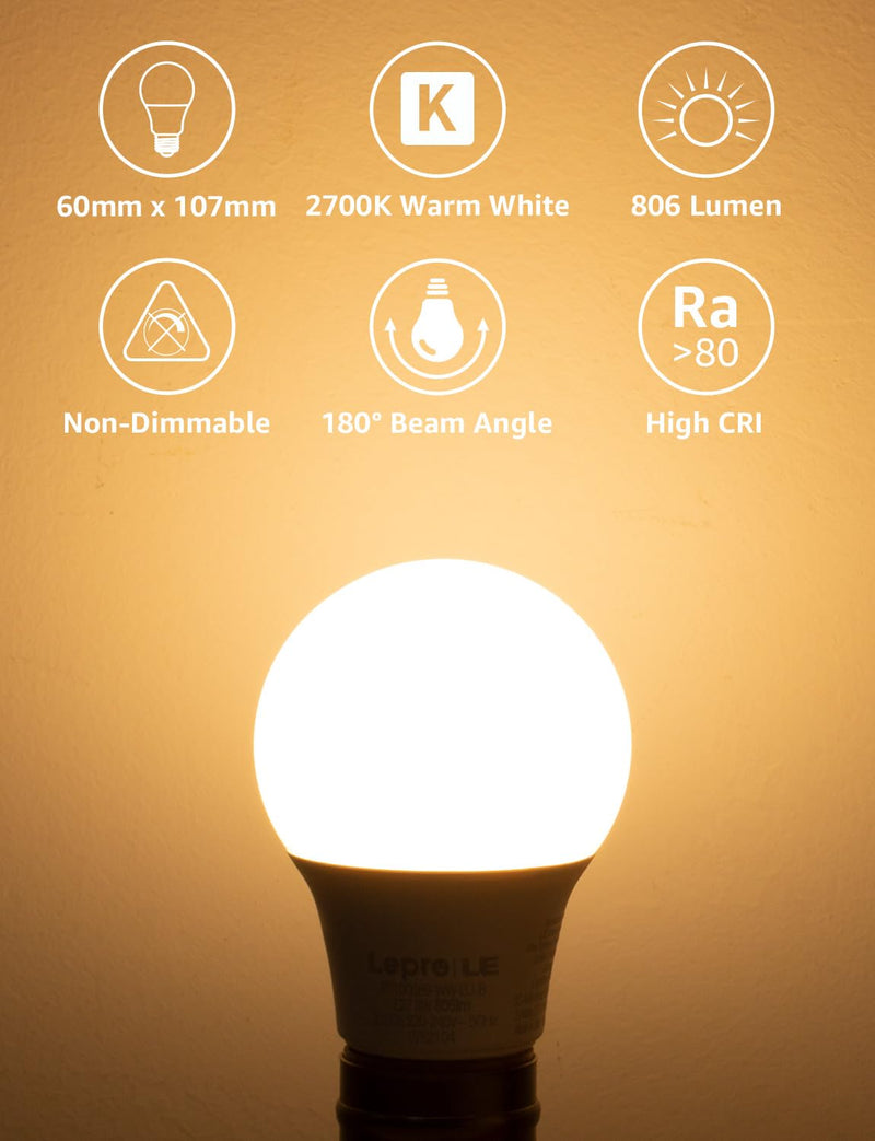 Lepro 8.5 W E27 LED Warm White, 806LM 2700K Light Bulb E27 | Non-dimmable, 180° beam angle E27 bulb, replaces 60 W bulbs, A60 bulbs, pack of 6 2-Warm White