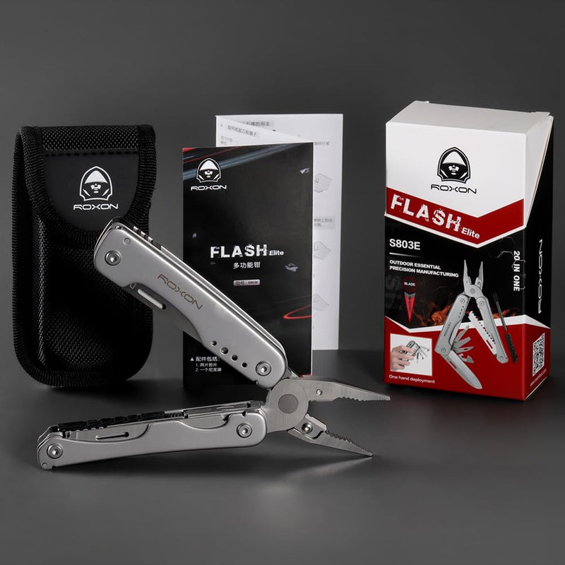 ROXON S803E Elite Flash Multitool with 20 functions including strong pliers, Flint Rod, full-size lockable blades for Outdoor Essential Survival Tool (D2 Blade) D2 Blade