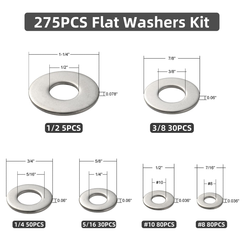 [Australia - AusPower] - 275PCS Washers Assortment Kit, Thickened 304 Stainless Steel Flat Washers for Screws, Asorted Metal Washers for Bolts, SAE Hardware Washers Set #8, 10, 1/4, 5/16, 3/8, 1/2 SAE Flat Washers Kit (275PCS) 