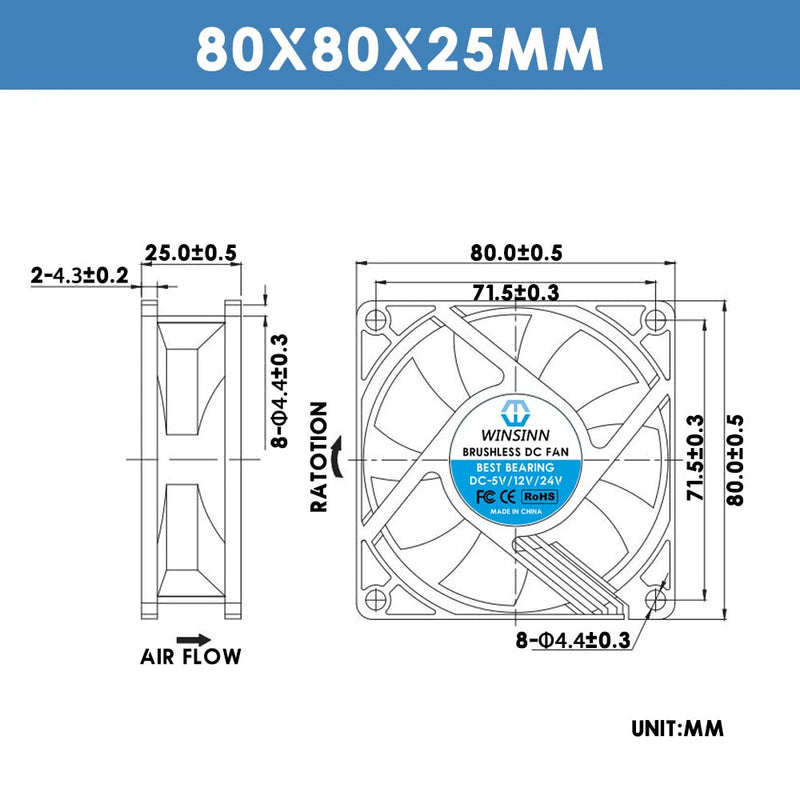 [Australia - AusPower] - WINSINN DC 80mm Fan 12V 8025 Sleeve Bearing Brushless Cooling 80mmx25mm 2PIN (Pack of 2Pcs) DC 12V 