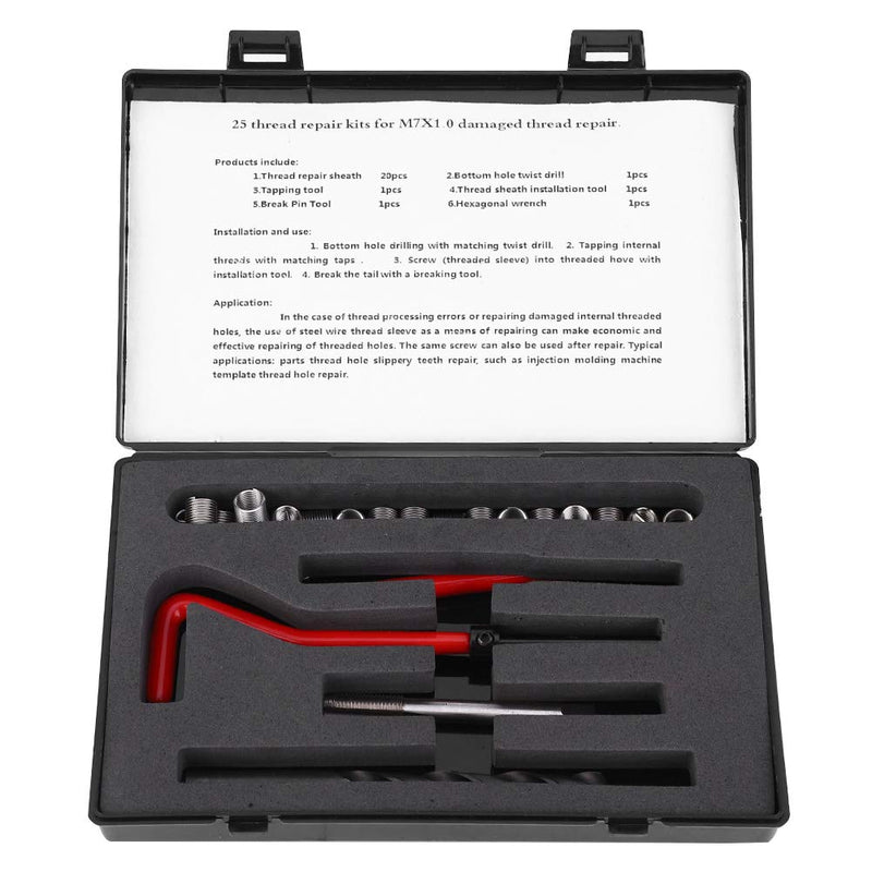 [Australia - AusPower] - M7 X 1.0 Helicoil Thread Repair Kit Stainless Steel 25Pcs Thread Repair Kit Stainless Steel Twisted Drill Wrench Threaded Insert Tap Insertion Tool M7X1 