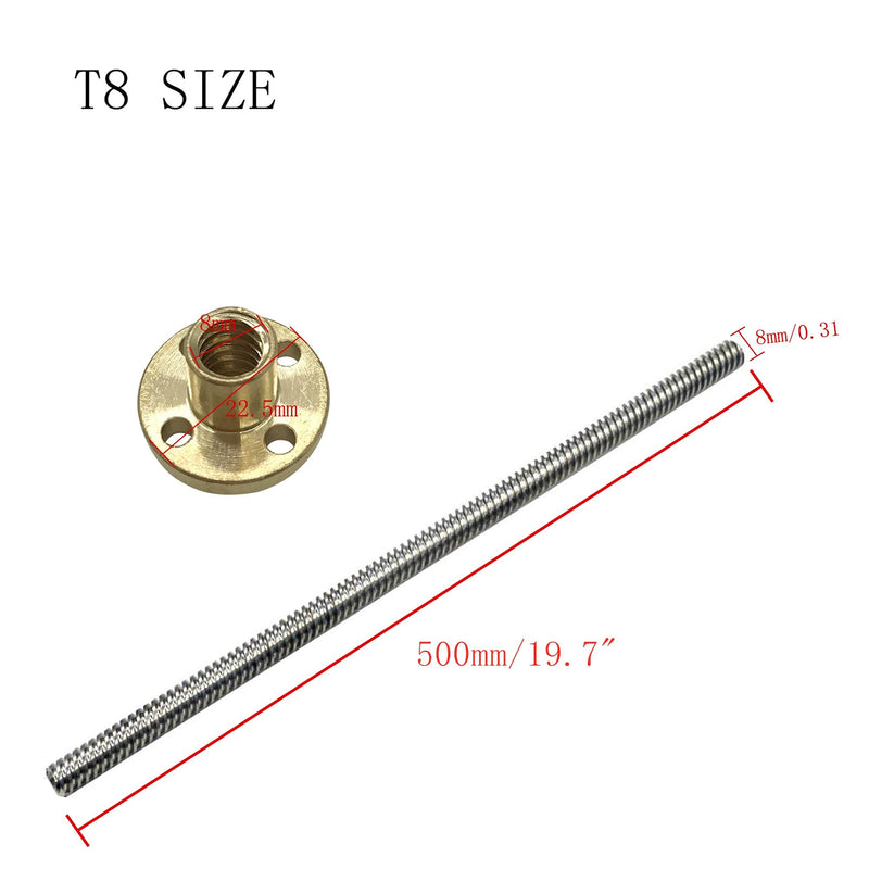[Australia - AusPower] - 2pcs 500mm Tr8X8 Lead Screw with T8 Brass Nut for 3D Printer Machine Z Axis(Acme Thread, 2mm Pitch, 4 Start, 8mm Lead) 