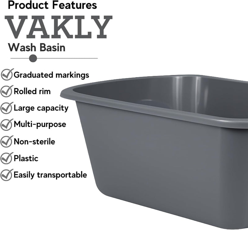Vakly Wash Basins – Rectangular Plastic 7-Quart Graduated Hospital Soaking Tub with Markings – Small Portable Washbasin for Face Washing, Cleaning, Foot Bath, Dishes, Laundry & Bedside Care 1