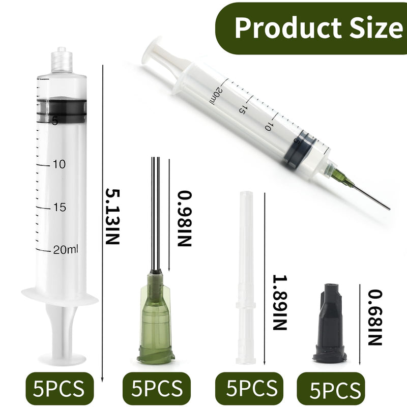 Luer Lock Syringe 20 ml Plastic Syringe Set of 5 | Syringe class with 14G blunt dispensing needle and cap, plastic syringe with measurement, feeding syringe for dispensing