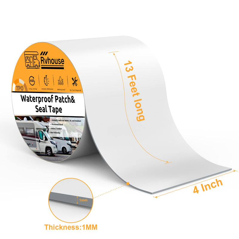 Waterproof Patch and Seal Tape, 4" x 13 ft, UV Protective Extra Thick Sealant Tape for RV Roof Leak Repair, Permanent Bond for Cracks, Tears, Holes – Weatherproof for Camper Trailer Boat Tent 1 Pack White