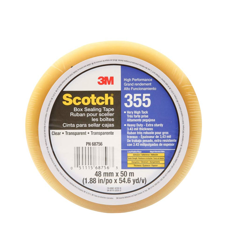3M Scotch 51115687563 355 Industrial-Grade Packing Tape, Clear, 48 mm x 50 m, High Performance Sealing Tape for Heavy-Duty Commercial Packaging, Shipping, Moving, Carton and Box Sealing, 1 Pack
