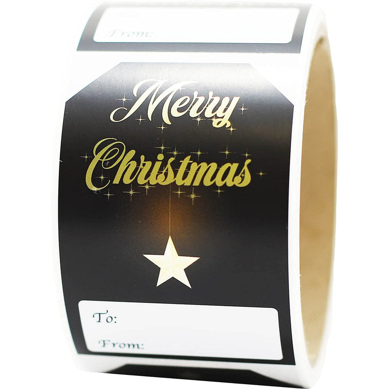 Black and Gold Christmas Gift Tags – 2 x 3 Inch Holiday Labels, Roll of 100 Stickers – Luxury ‘Merry Christmas’ and Classic Tree Adhesive Stickers, Made in The USA