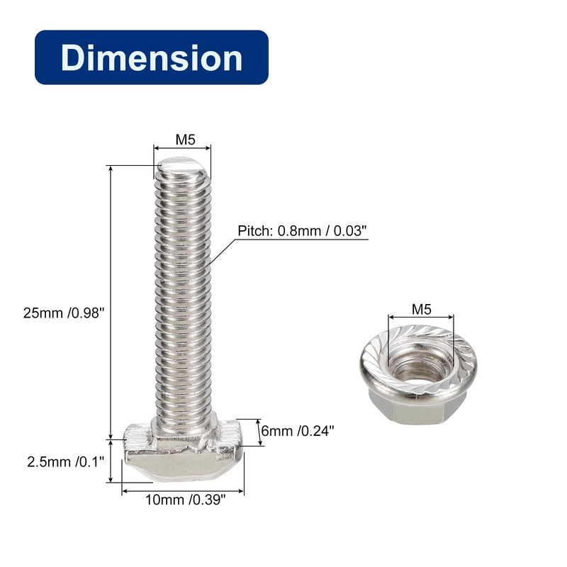 [Australia - AusPower] - uxcell M5x25mm T Slot Drop-in Bolt and M5 Hexagon Flange Nut Set, 40 Sets Hammer Head T-Bolt T Shape Stud Sliding Screw for 20 Series Aluminum Profile 