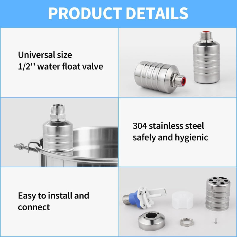 [Australia - AusPower] - 2Pcs Water Float Valve for Water Tank, Aquapulse Automatic Water System, Fully Automatic Water Shut Off Valve, 1/2'' to 3/4'' 304 Stainless Steel Float Valve for Water Tower, Pool, Livestock Troughs. 2Pcs 