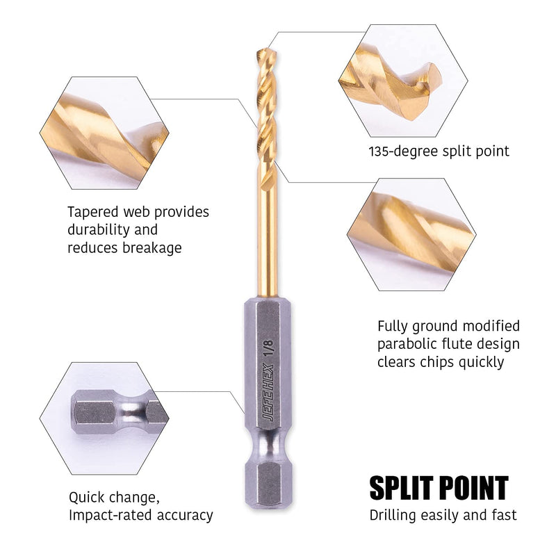 JEFE HEX 1/4" HSS Twist Titanium Drill Bits, Hex Shank for Quick Change, 135 Degree Easy Cut Split Point Drill Bit for Steel, Copper, Aluminum, Zinc Alloy, Wood, and Plastics (Pack of 6). 1/4" (6 pcs)