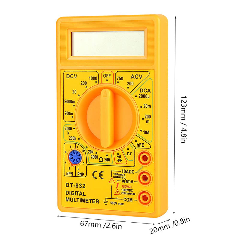 [Australia - AusPower] - Multimeter Tester, -832 Handheld Pocket Digital Multimeter AC DC Voltage Current Tester with Buzzer,Ohm Volt Amp Meter (Yellow) 