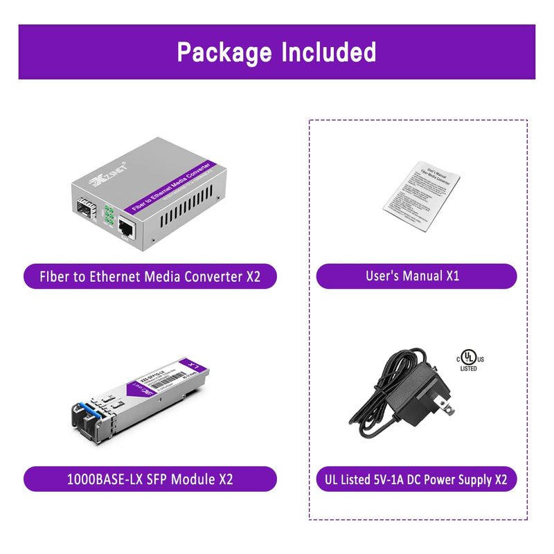 [Australia - AusPower] - A Pair of 1.25G/s Gigabit Single-Mode Dual LC Fiber to Ethernet RJ45 Media Converter for 10/100/1000Base-Tx to 1000Base-LX (with 2PCS SFP to LC Module), 1310nm, SMF, up to 20-km SingleMode Dual LC:20km 