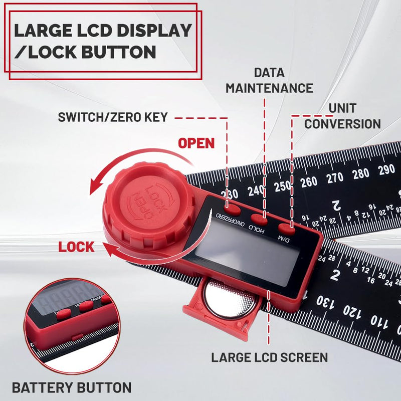 flintronic Digital Protractor, 2-in-1 Digital Protractor with LCD Display, 360° Angle Measuring, Hold and Lock Function, for Woodworking Measurement, Construction Repairs, 400 mm Style-B ABS