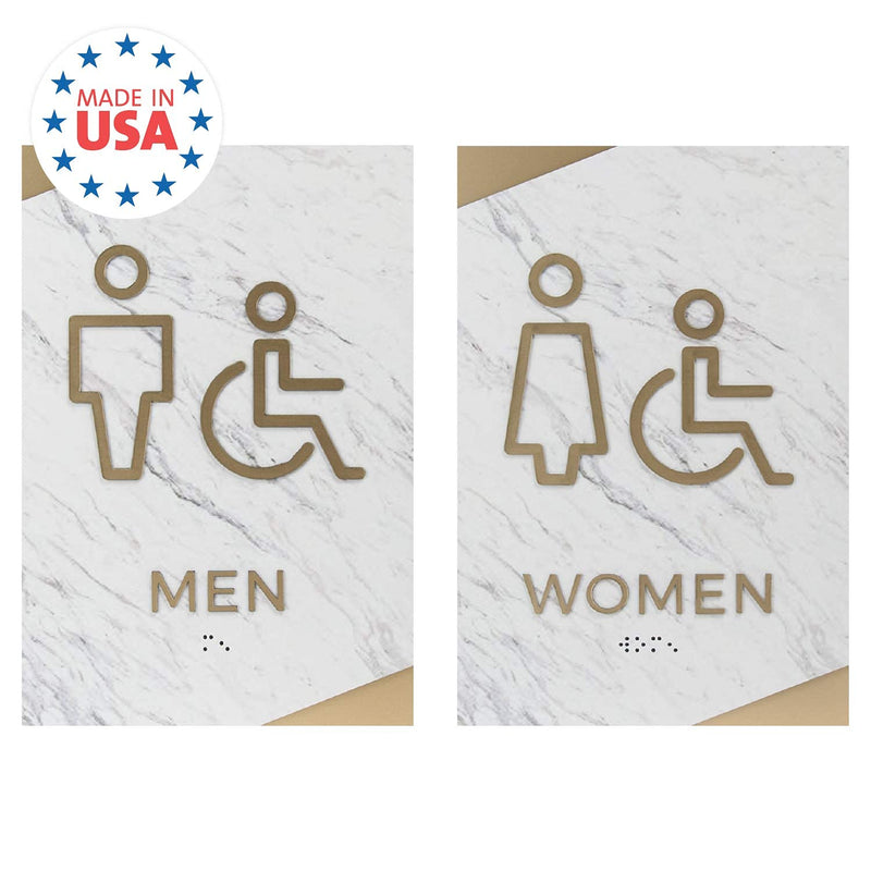 Light Marble Men And Women Restroom Sign Set/ADA Wheelchair Accessible With Braille Bathroom Signs / 6" x 9" White Marble Gold Accent Acrylic Signs Light Marble Design Wheelchair Restroom Sign Set