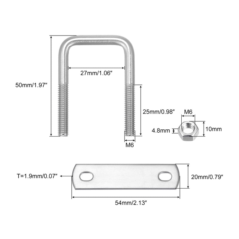 [Australia - AusPower] - uxcell Square U-Bolts, 10 Sets 27mm(1.06") Inner Width 50mm Length M6 304 Stainless Steel U Clamp Bolt with Nuts and Plates, for Boat Trailer M6x27x50mm 