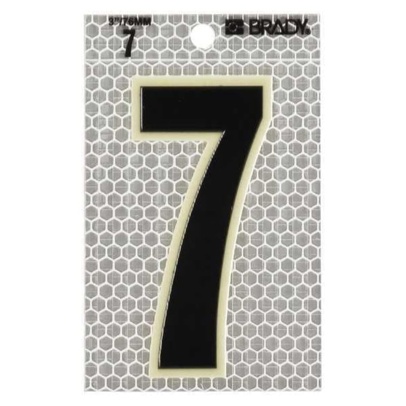 Brady 3010-7 3-1/2" Height, 2-1/2" Width, B-309 High Intensity Prismatic Reflective Sheeting, Black And Silver Color Glow-In-The-Dark/Ultra Reflective Number, Legend "7" (Pack Of 10)