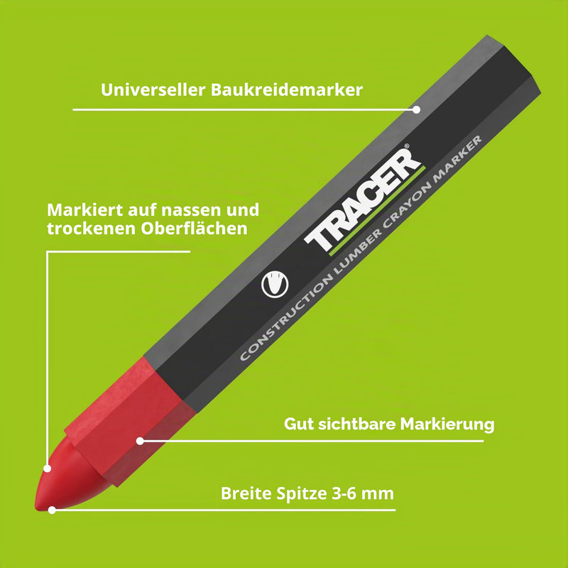 Tracer Grease Marker Chalk - Construction Site Signing Chalk - Pack of 12 Red | Forest chalk and grease chalk for wood, metal and concrete, wax pen for carpenters, roofers and bricklayers