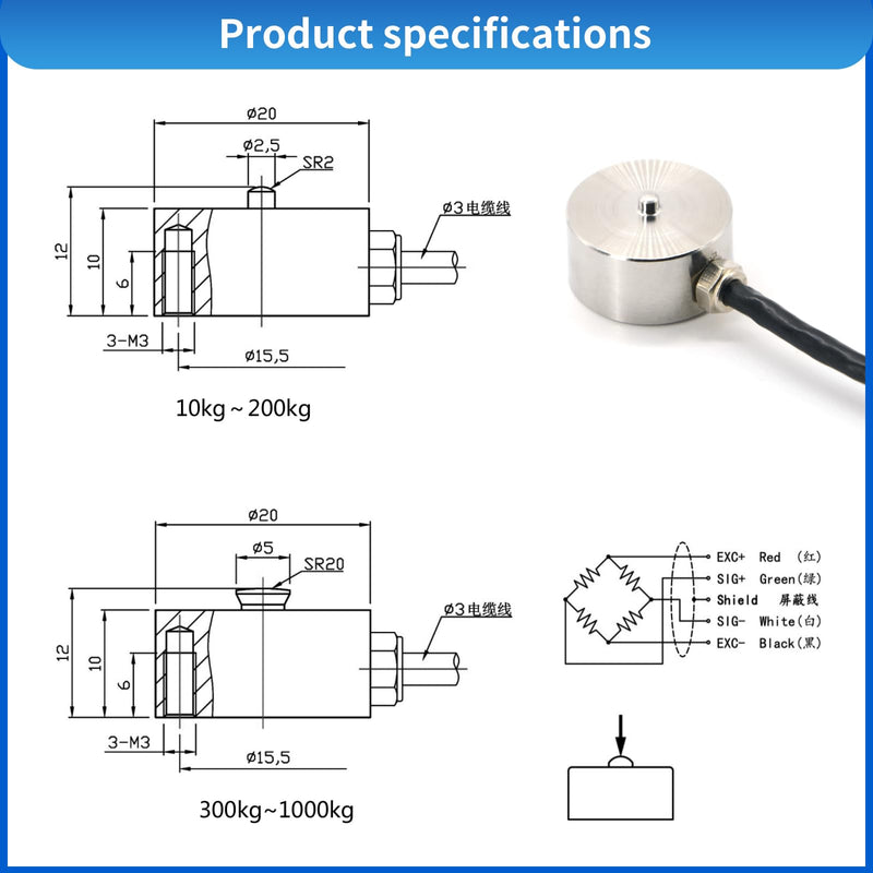 Micro Load Cell,Button Type Scale Weigh Force Pressure Sensor,Diameter Φ20 Mm 12mm Cable with 3m Cable (0-5KG) 0-5KG