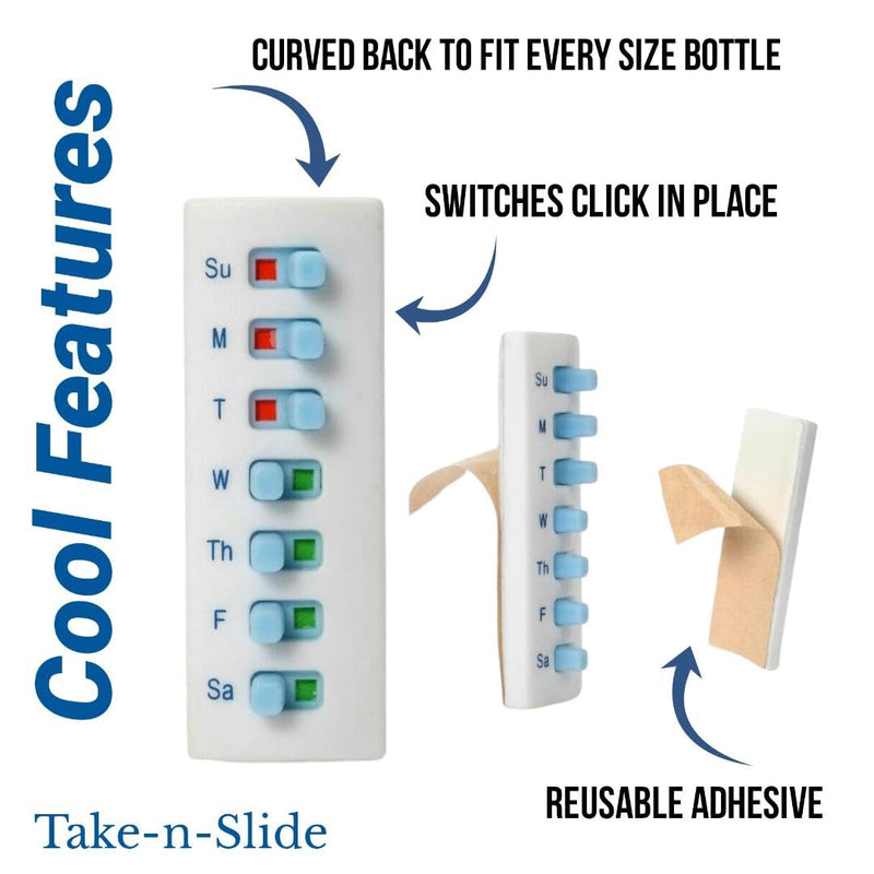 [Australia - AusPower] - 5 Pack Medication Tracker and Reminder, Take-n-Slide Reusable Peel and Stick Pill Trackers Attach to Your Bottle 7 Day Medicine Vitamins Pets Pill Organizer Alternative Medication Aid White 5 Count (Pack of 1) 