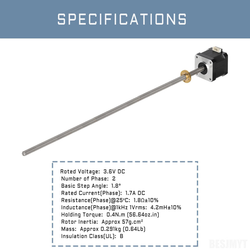 Nema 17 Stepper Motor Integrated 15.75in(400mm) T8 Lead Screw 1.7A Brass Nut 1m Cable 2 Phase 4 Lead 0.4Nm/56.64oz.in Bipolar High Torque 42x40mm Motors for 3D Printer/CNC Machine/Automation