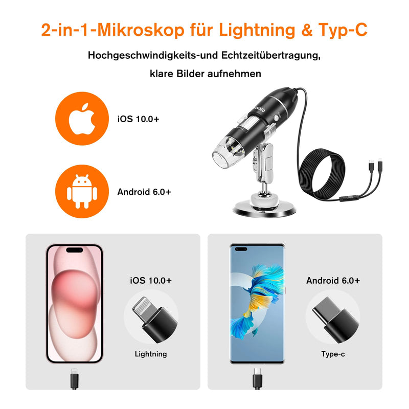 WADEO Digital Microscope, USB Microscope 1440P HD with 50X-1600X Magnification, Portable Inspection Camera, WiFi-Free, Wired Handheld Microscope with 8 LEDs and Stand, iOS, Android and Tablets Compatible
