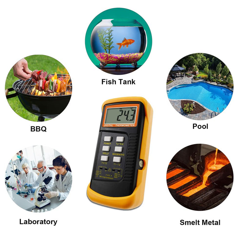 [Australia - AusPower] - Mengshen K-Type Digital Thermometer, 2 Channel with 4 Thermocouples Probe Sensor -50~1370°C (-58~2498°F) °C °F Kelvin Scale Switchable Handheld Temperature Meter Measurement 