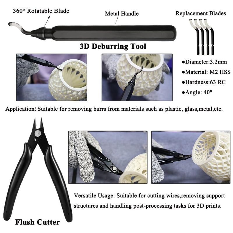 62PCS 3D Printer Tool Kit, 3D Post-Processing Accessories with Hand Drill, Deburring Tool, Cutter, Needle Files, Scrapers, Brushes, Tweezers, and Nozzle Cleaning Set for 3D Model Finishing Black bag 62pcs