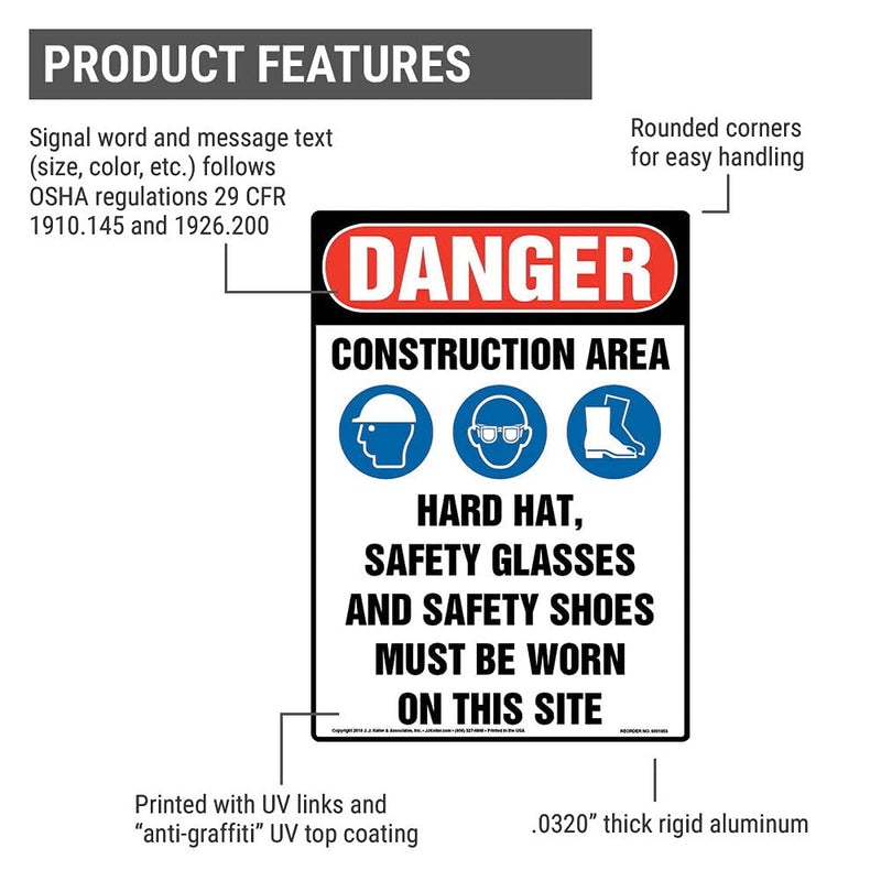 Danger: Construction Area, PPE Must Be Worn Sign, 10" x 14" Plastic with Rounded Corners for Indoor Use, OSHA Compliant, J. J. Keller & Associates, Inc. 10" x 14"